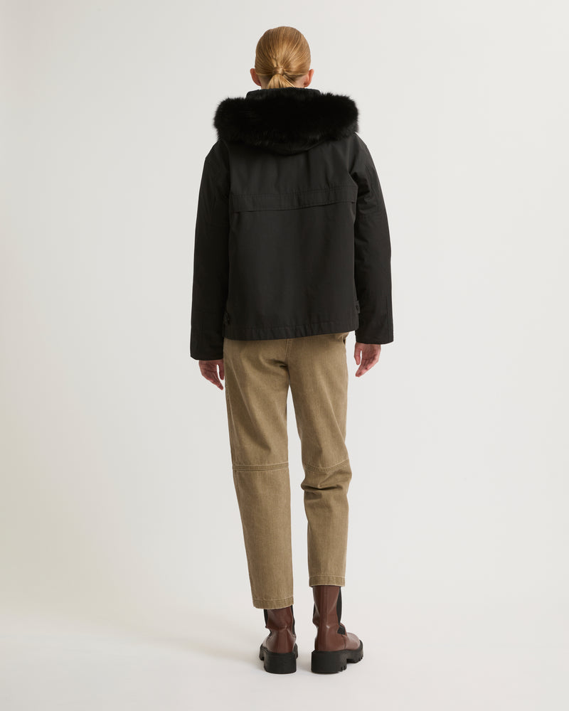 Short waterproof parka in cotton blend with fox and rabbit fur
