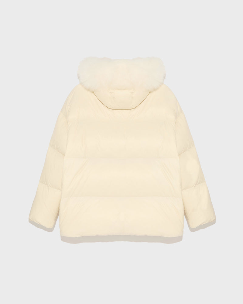 Hooded down jacket with fluffy lambswool trim-Yves Salomon-Winter sale & boxing day
