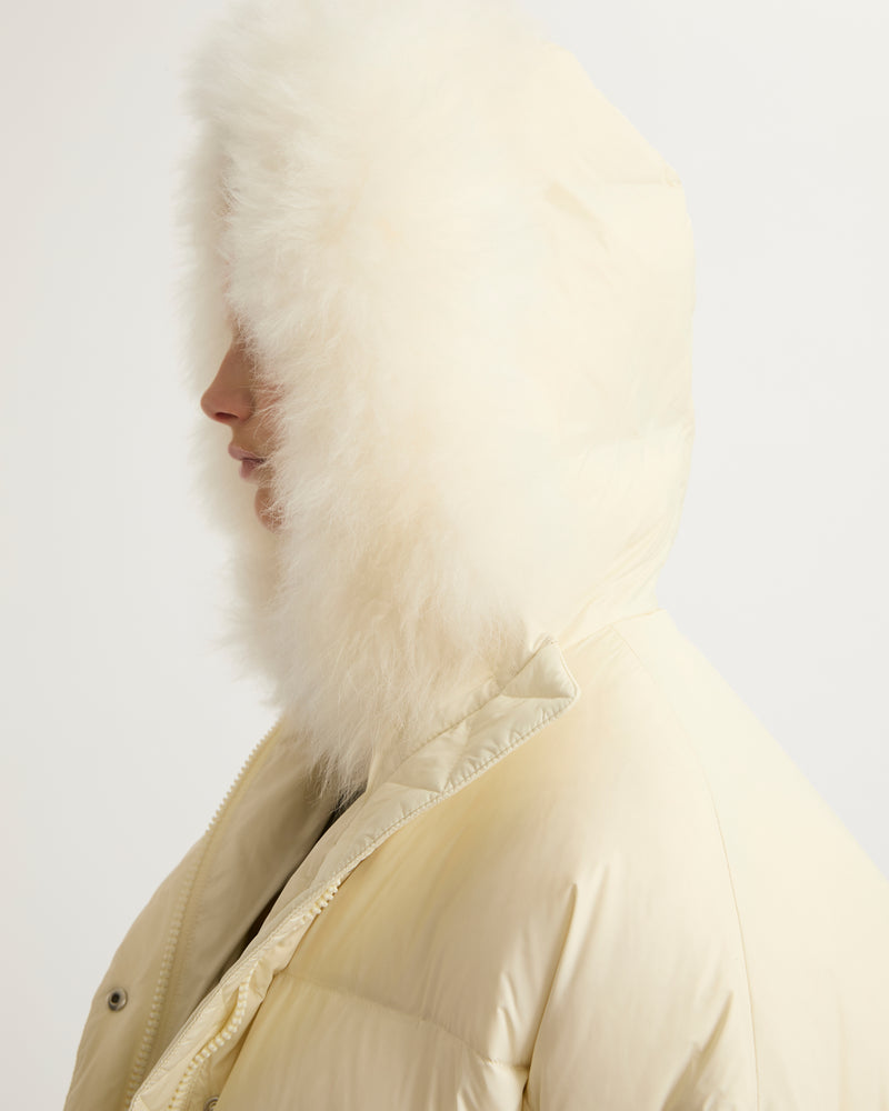 Hooded down jacket with fluffy lambswool trim-Yves Salomon-Winter sale & boxing day