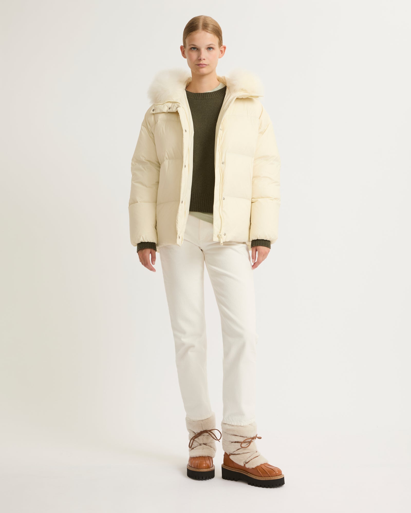 Hooded down jacket with fluffy lambswool trim-Yves Salomon-Winter sale & boxing day