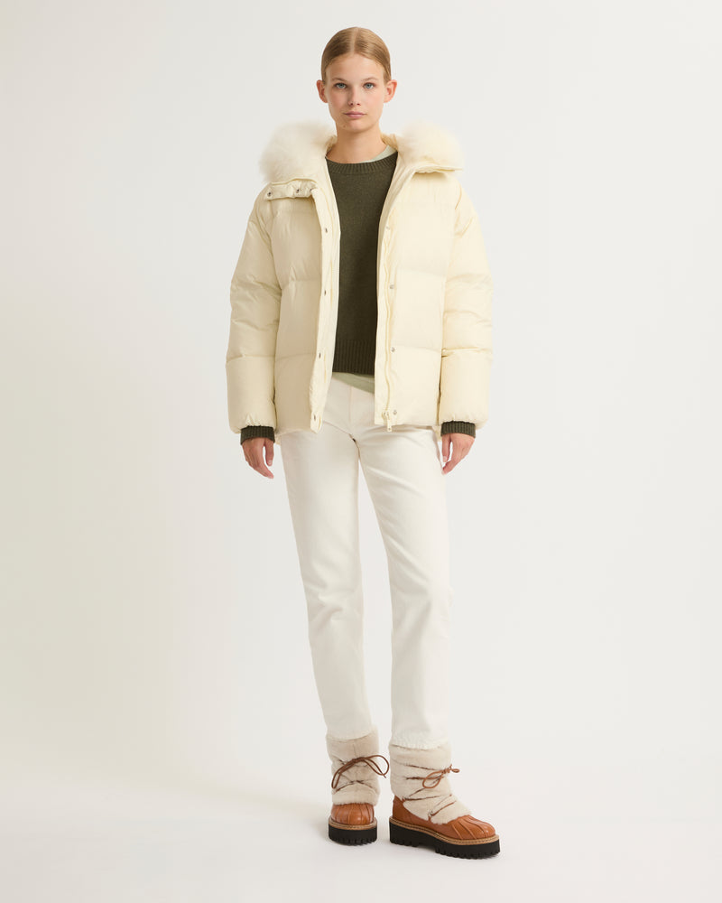 Hooded down jacket with fluffy lambswool trim-Yves Salomon-Winter sale & boxing day