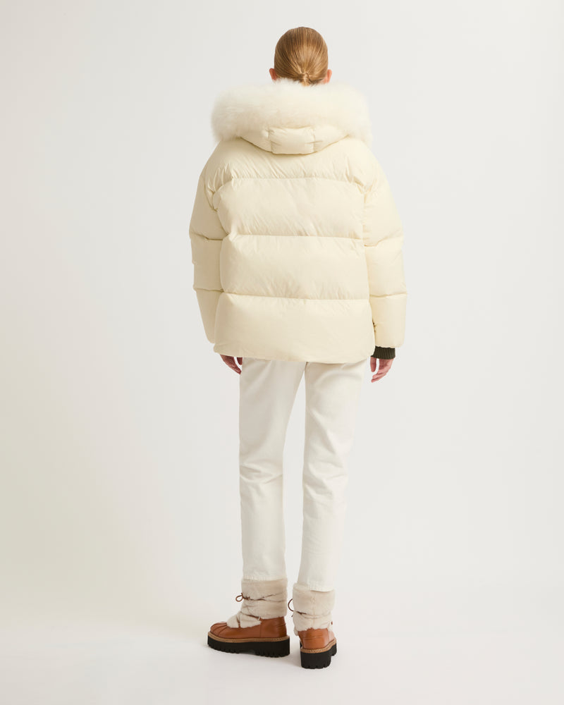 Hooded down jacket with fluffy lambswool trim-Yves Salomon-Winter sale & boxing day