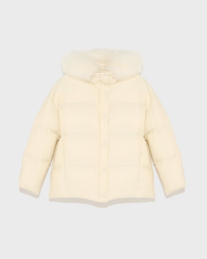 Hooded down jacket with fluffy lambswool trim-Yves Salomon-Winter sale & boxing day