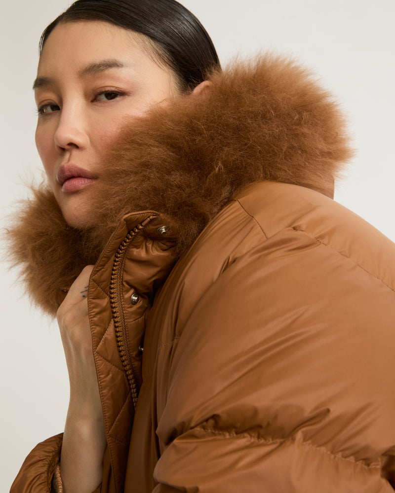Hooded down jacket with fluffy lambswool trim-Yves Salomon-Winter sale & boxing day