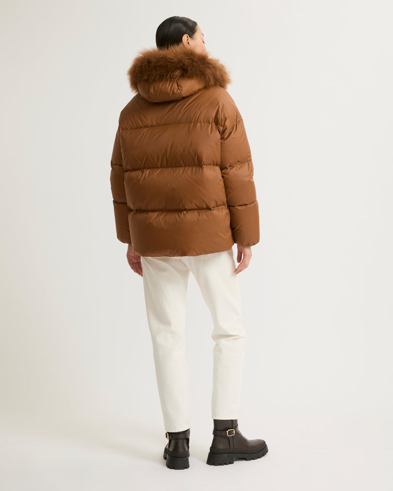Hooded down jacket with fluffy lambswool trim-Yves Salomon-Winter sale & boxing day