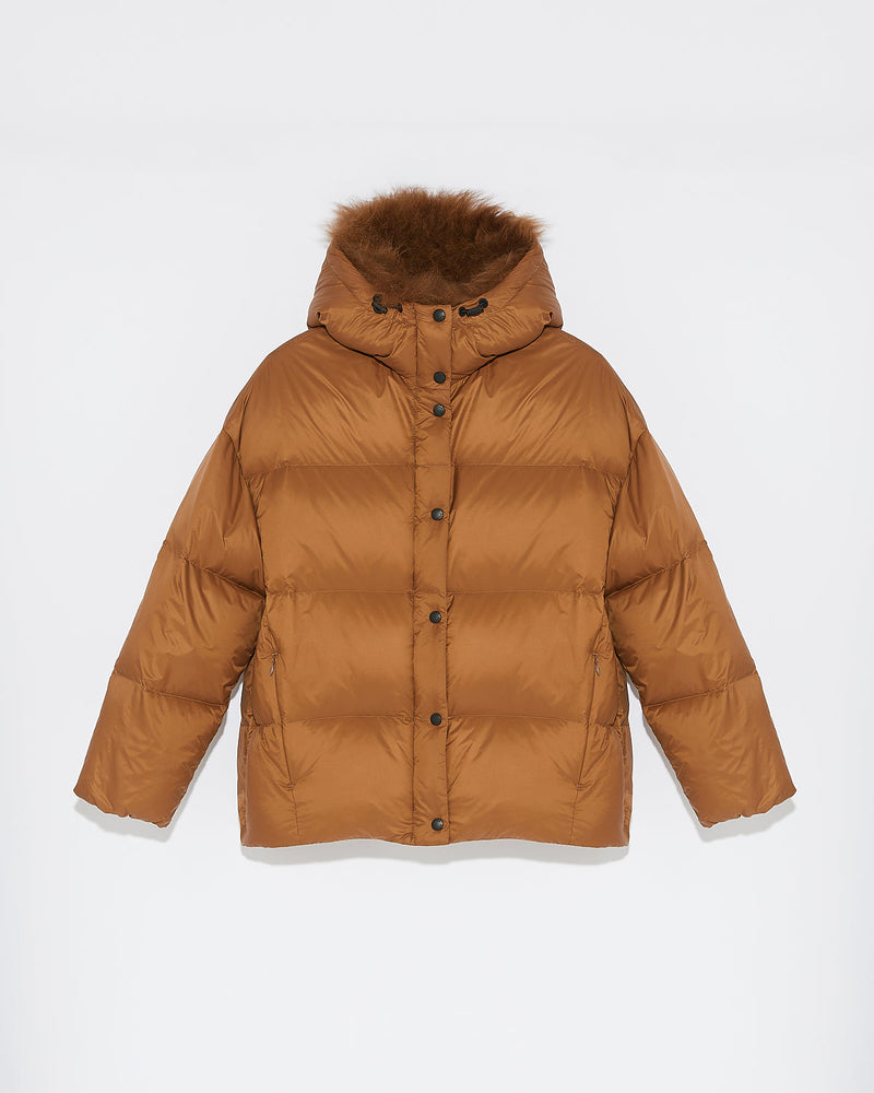 Hooded down jacket with fluffy lambswool trim-Yves Salomon-Winter sale & boxing day