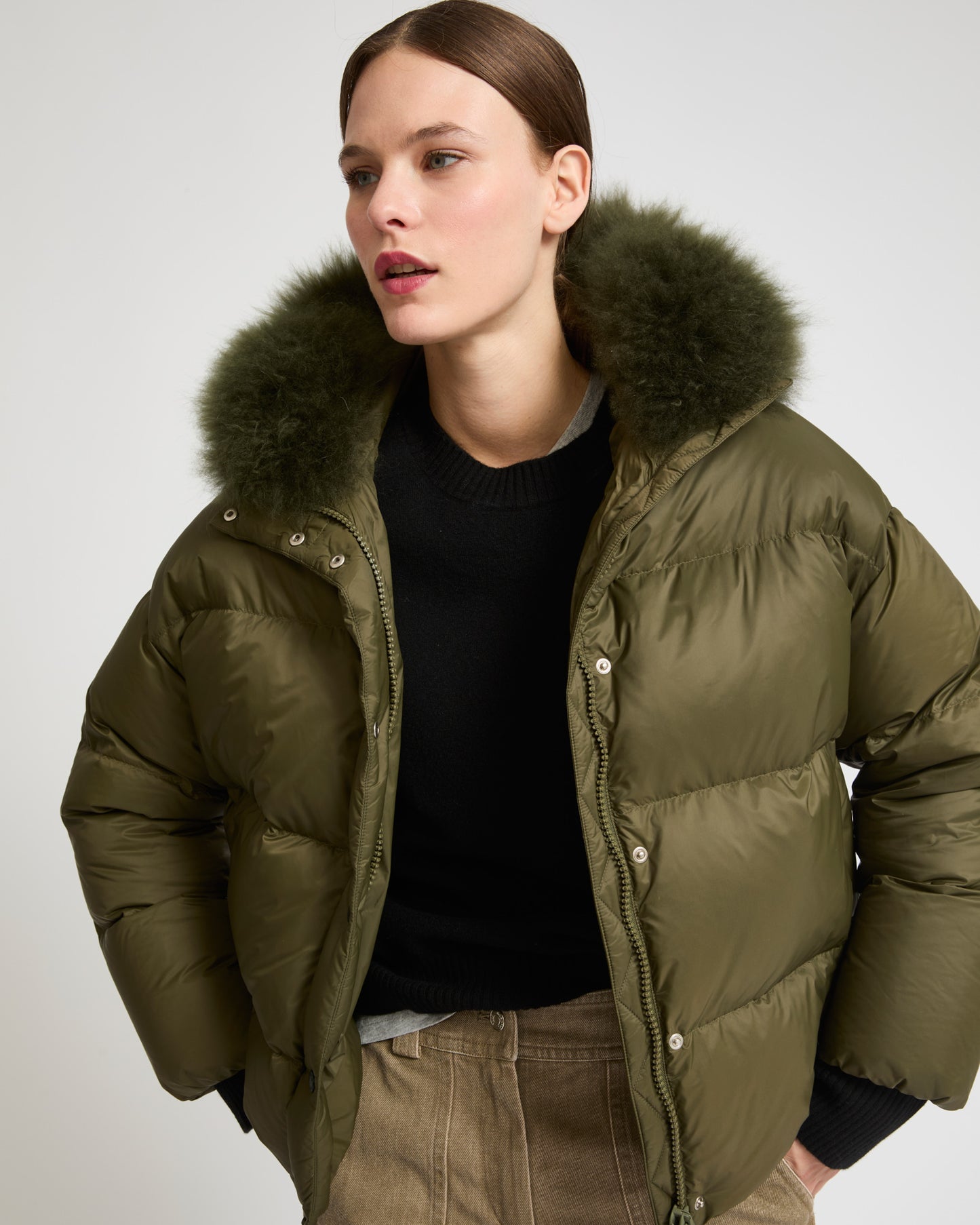 Hooded down jacket with fluffy lambswool trim-Yves Salomon-Winter sale & boxing day