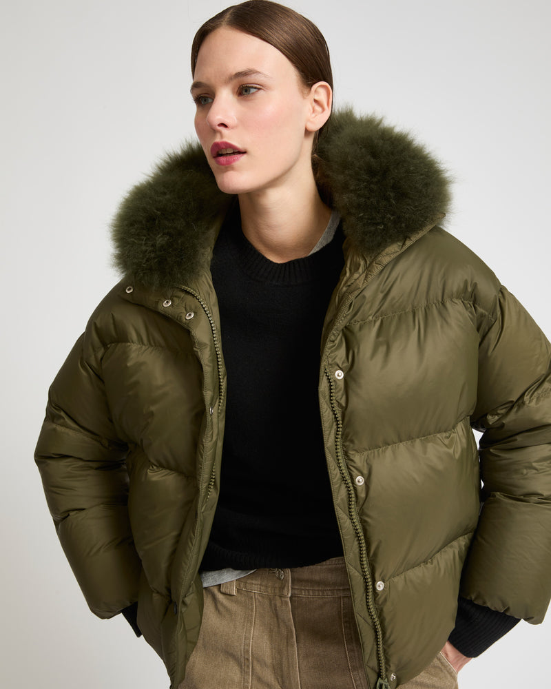 Hooded down jacket with fluffy lambswool trim-Yves Salomon-Winter sale & boxing day