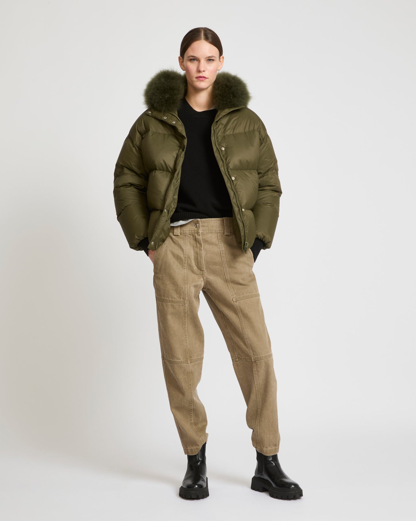 Hooded down jacket with fluffy lambswool trim-Yves Salomon-Winter sale & boxing day