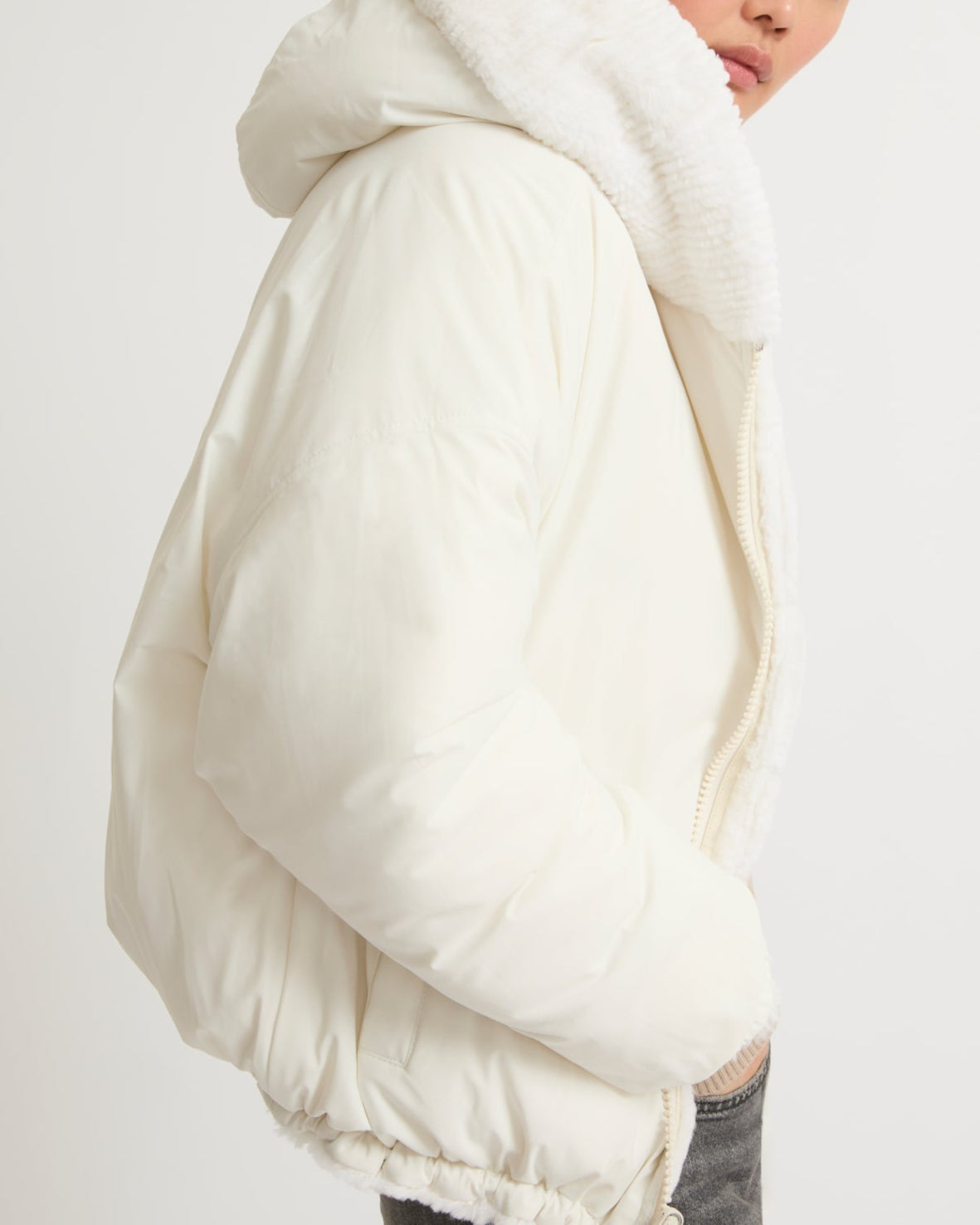 Short hooded down jacket in technical fabric reversible ribbed rex rabbit fur