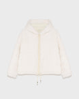 Short reversible hooded ribbed rex rabbit and technical fabric down jacket