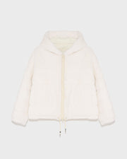 Short hooded down jacket in technical fabric reversible ribbed rex rabbit fur