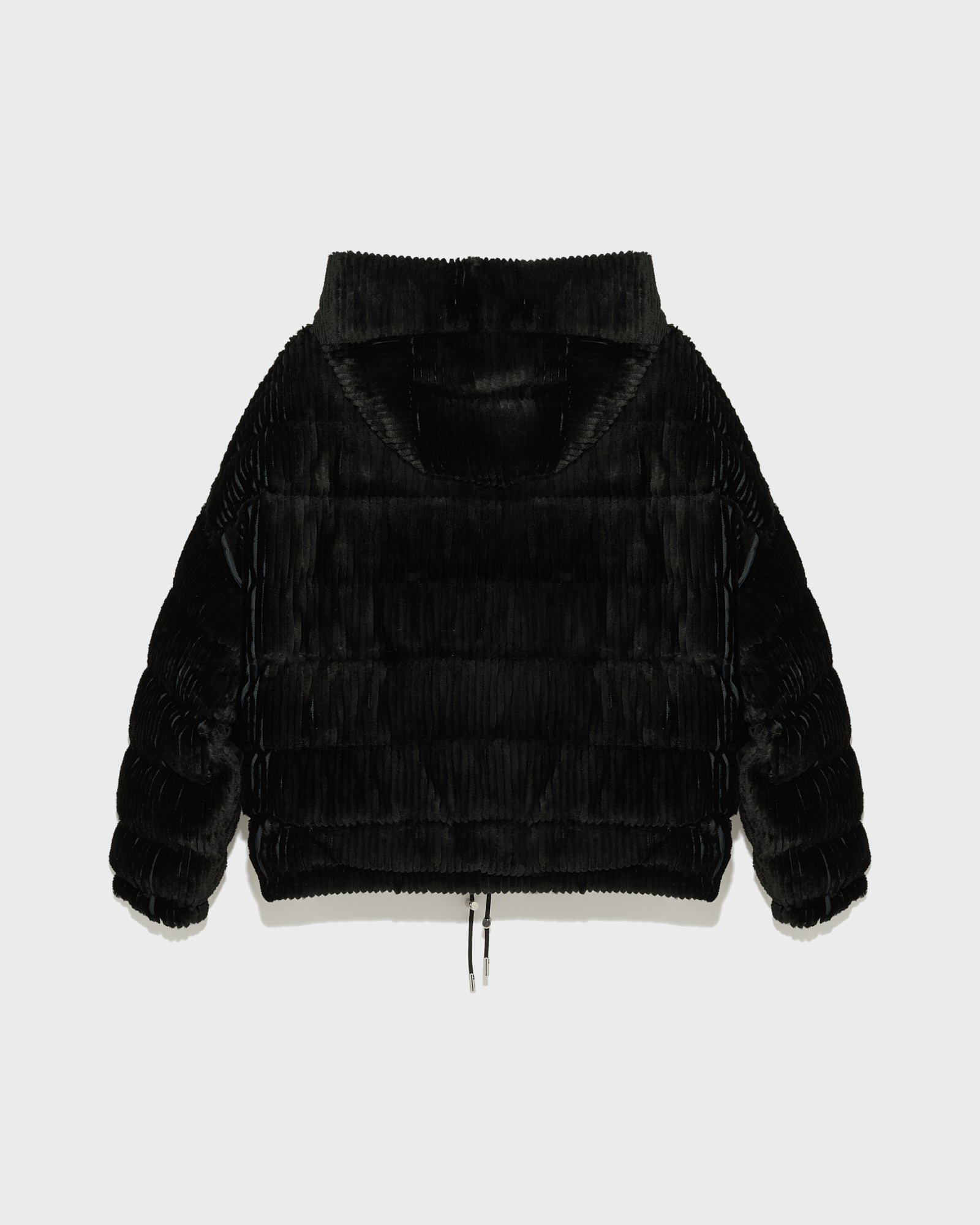 Short hooded down jacket in technical fabric reversible ribbed rex