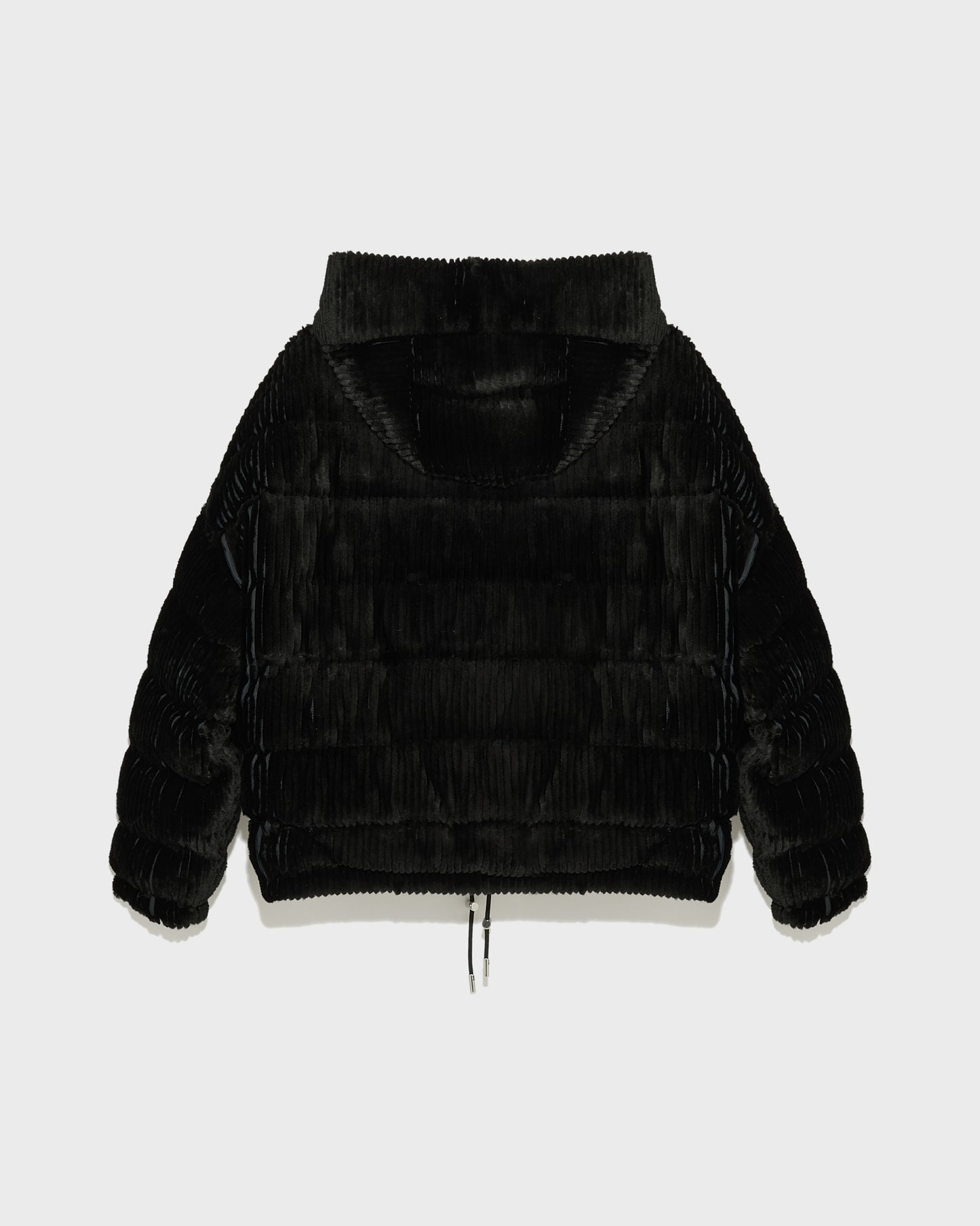 Short hooded down jacket in technical fabric reversible ribbed rex rabbit fur