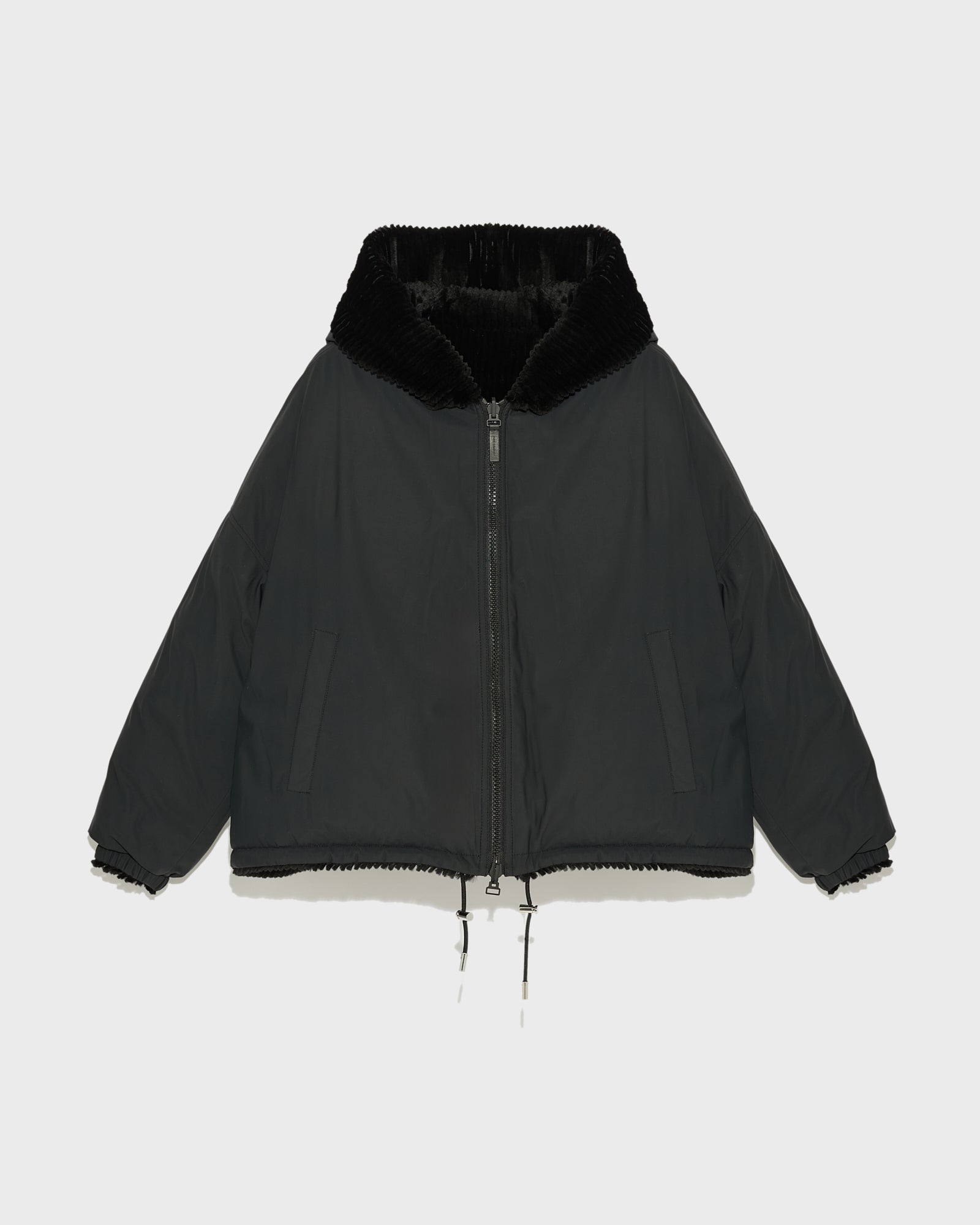 Short hooded down jacket in technical fabric reversible ribbed rex