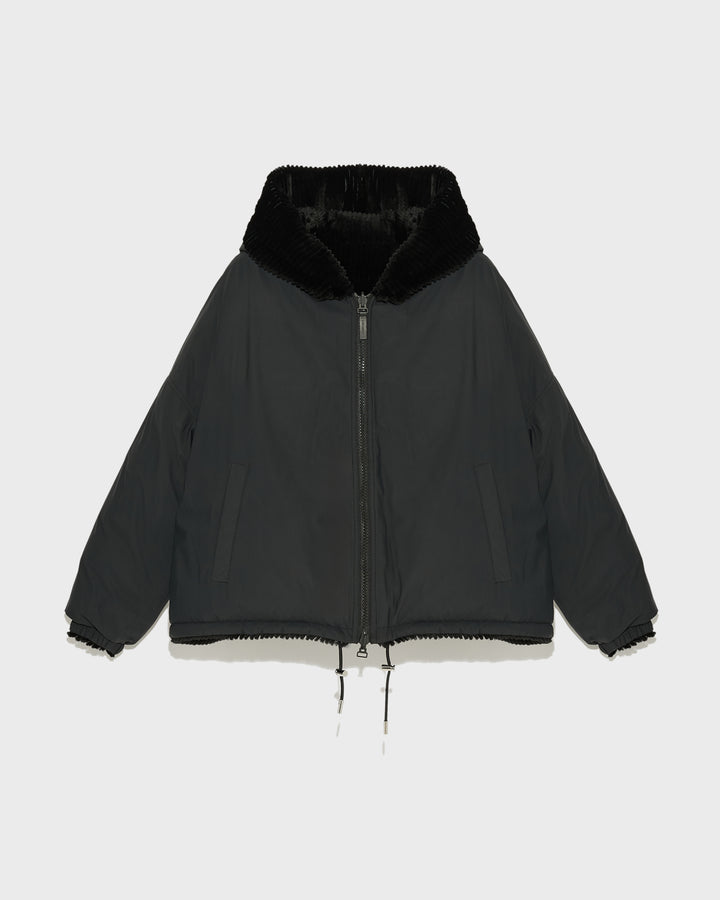 Black Friday - Short hooded down jacket in technical fabric reversible ribbed rex rabbit fur - Yves Salomon