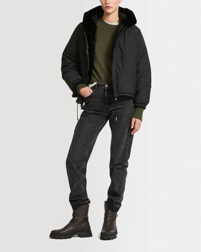 Short hooded down jacket in technical fabric reversible ribbed rex rabbit fur