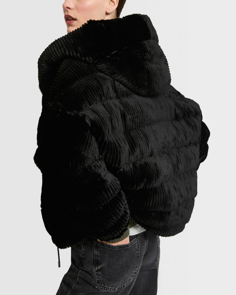 Short hooded down jacket in technical fabric reversible ribbed rex rabbit fur