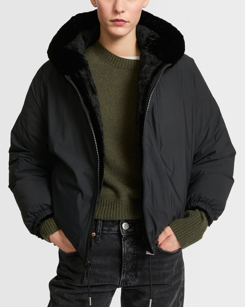 Short hooded down jacket in technical fabric reversible ribbed rex rabbit fur