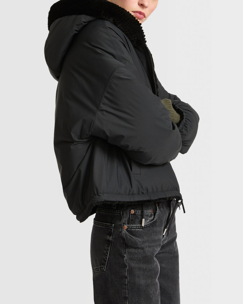 Short hooded down jacket in technical fabric reversible ribbed rex rabbit fur