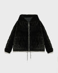 Short reversible hooded ribbed rex rabbit and technical fabric down jacket