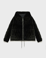 Short hooded down jacket in technical fabric reversible ribbed rex rabbit fur