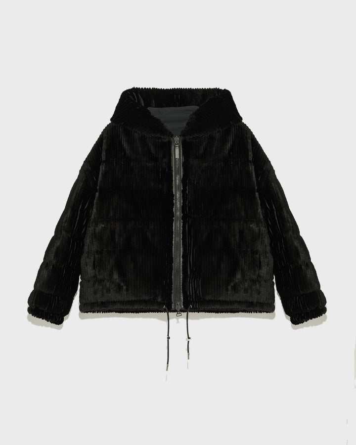 Black Friday - Short hooded down jacket in technical fabric reversible ribbed rex rabbit fur - Yves Salomon