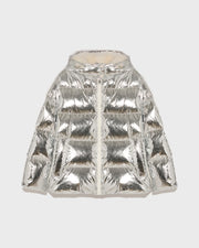 Hooded down jacket in shiny laminated nylon after ski