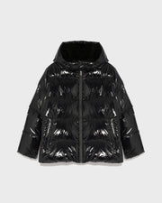 Hooded down jacket in shiny laminated nylon after ski