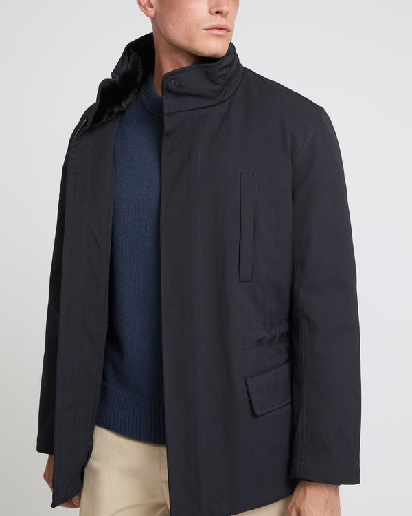 Field jacket in waterproof technical wool and mink fur