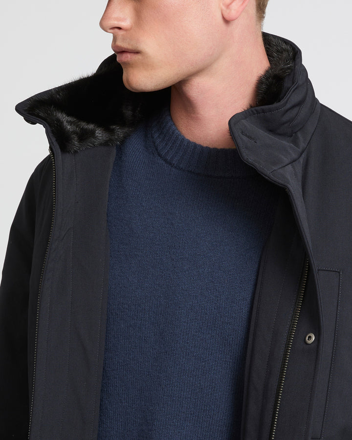Field jacket in waterproof technical wool and mink fur