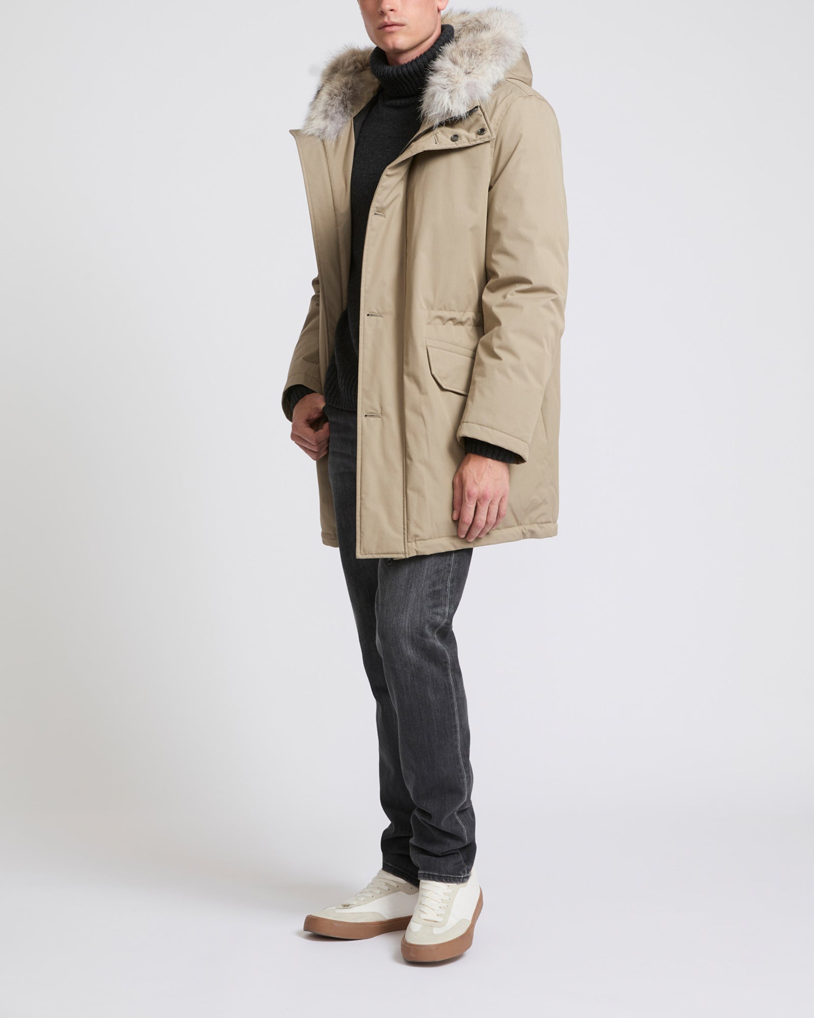 Cotton-blend iconic parka with coyote fur trim - beige - Yves