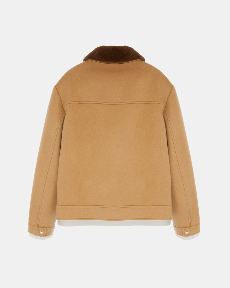 Zipped jacket in double-sided wool-cashmere fabric with mink collar