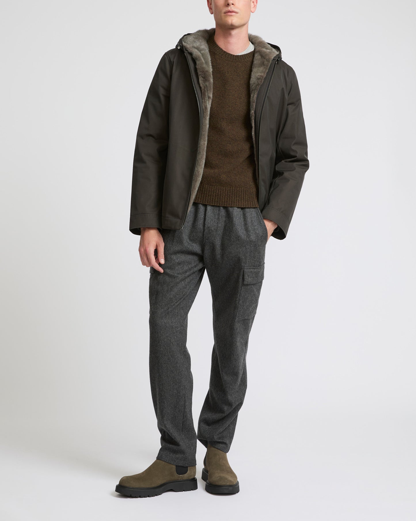 Hooded jacket in waterproof technical gabardine and mink fur