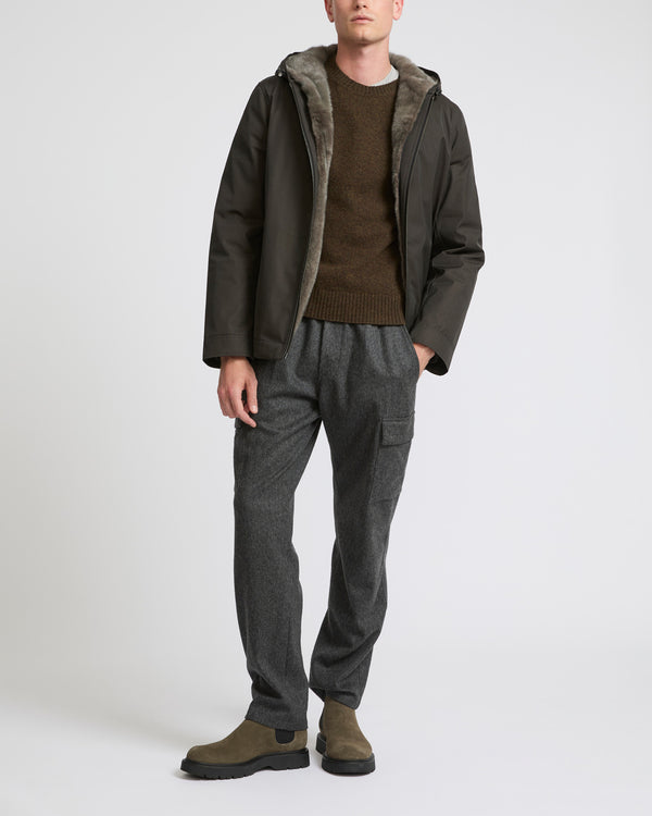 Hooded jacket in waterproof technical gabardine and mink fur