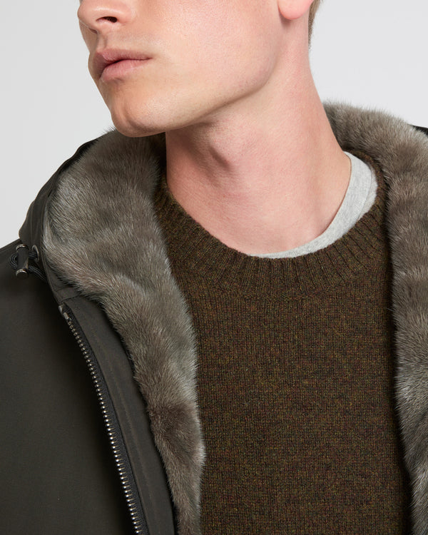 Hooded jacket in waterproof technical gabardine and mink fur