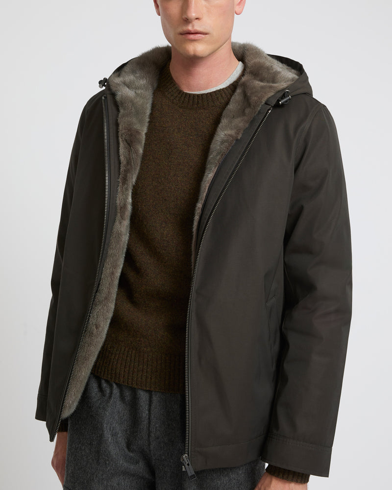 Hooded jacket in waterproof technical gabardine and mink fur