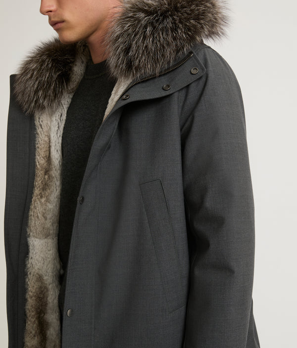 Short parka in technical wool and fur