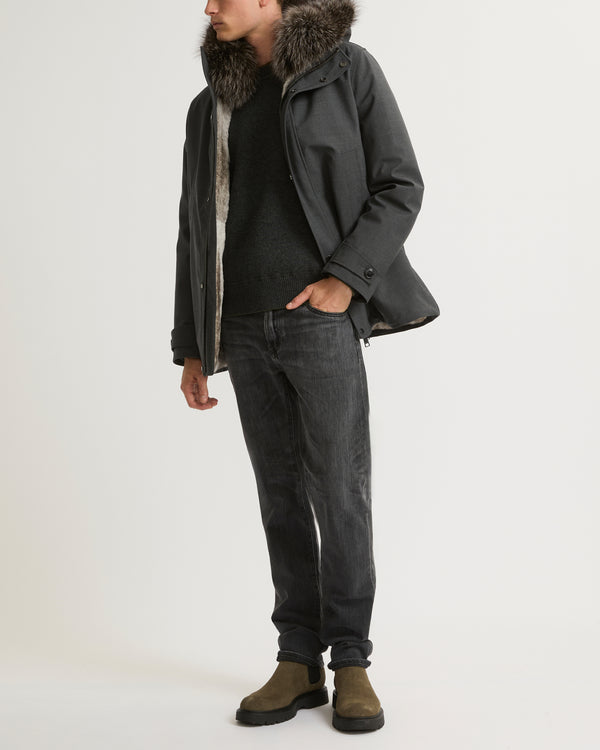 Short parka in technical wool and fur