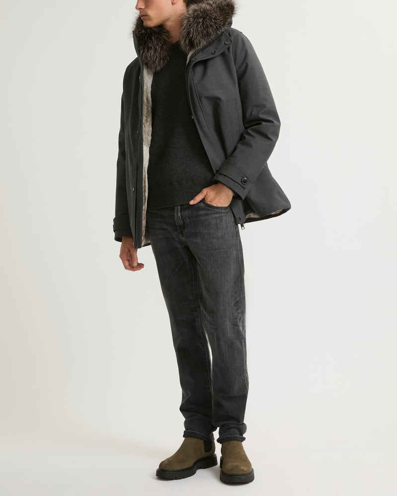 Short parka in technical wool and fur