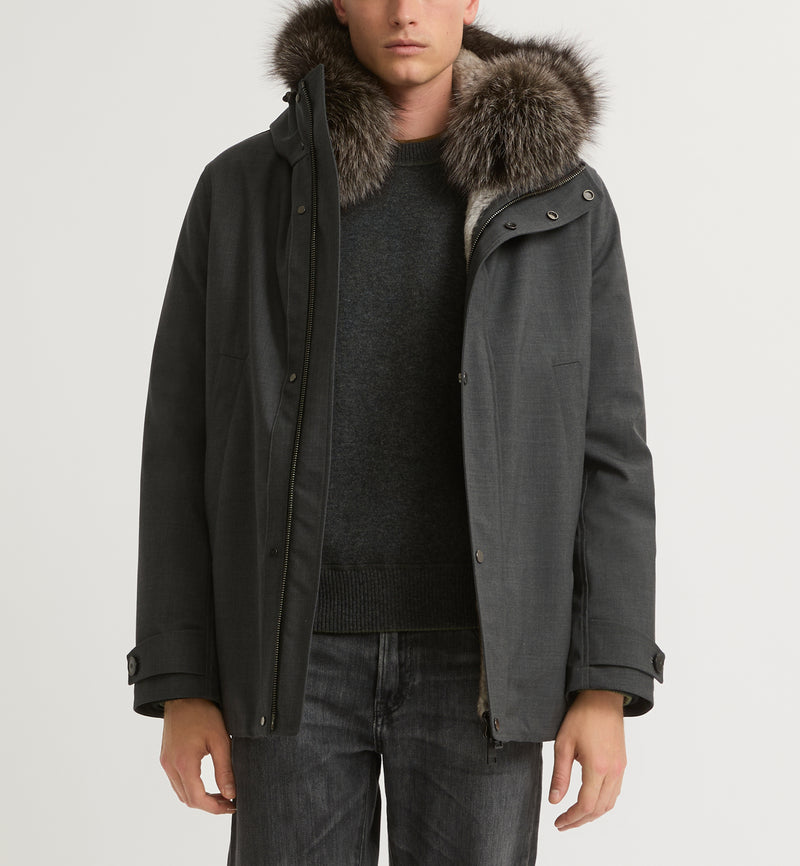 Short parka in technical wool and fur