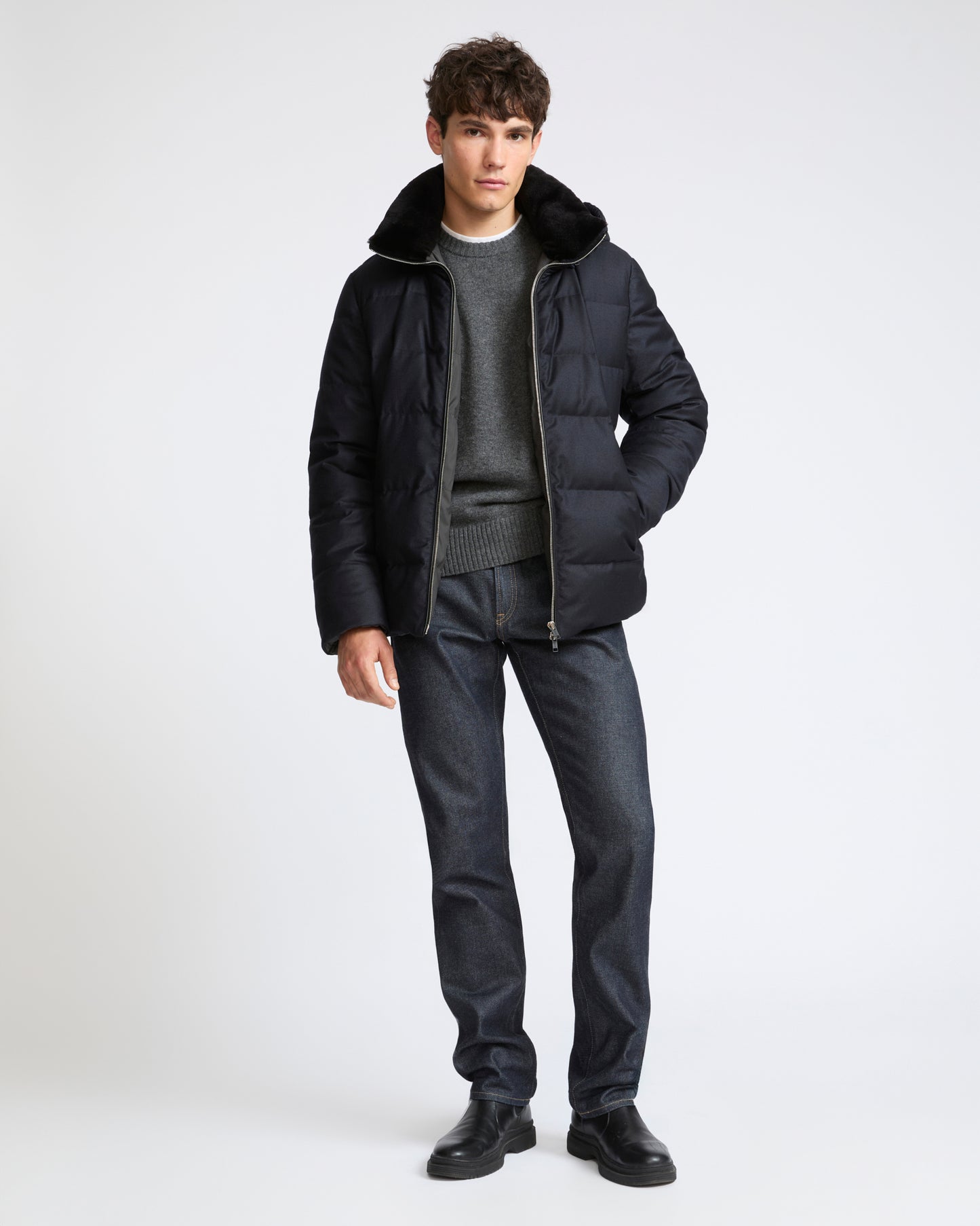 Short down jacket in Loro Piana fabric with mink fur trim - Yves Salomon - New Fall Winter Collection