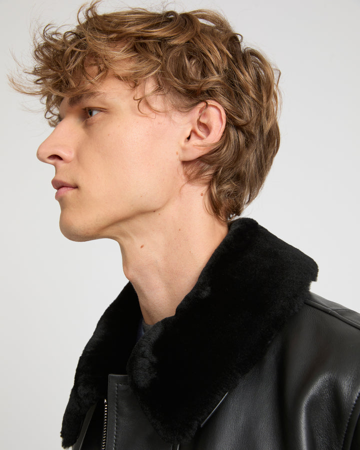 Leather aviator jacket with Merino lambskin shearling collar -Yves Salomon