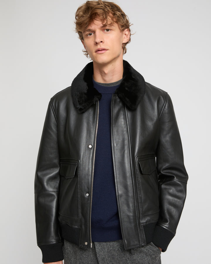 Leather aviator jacket with Merino lambskin shearling collar -Yves Salomon