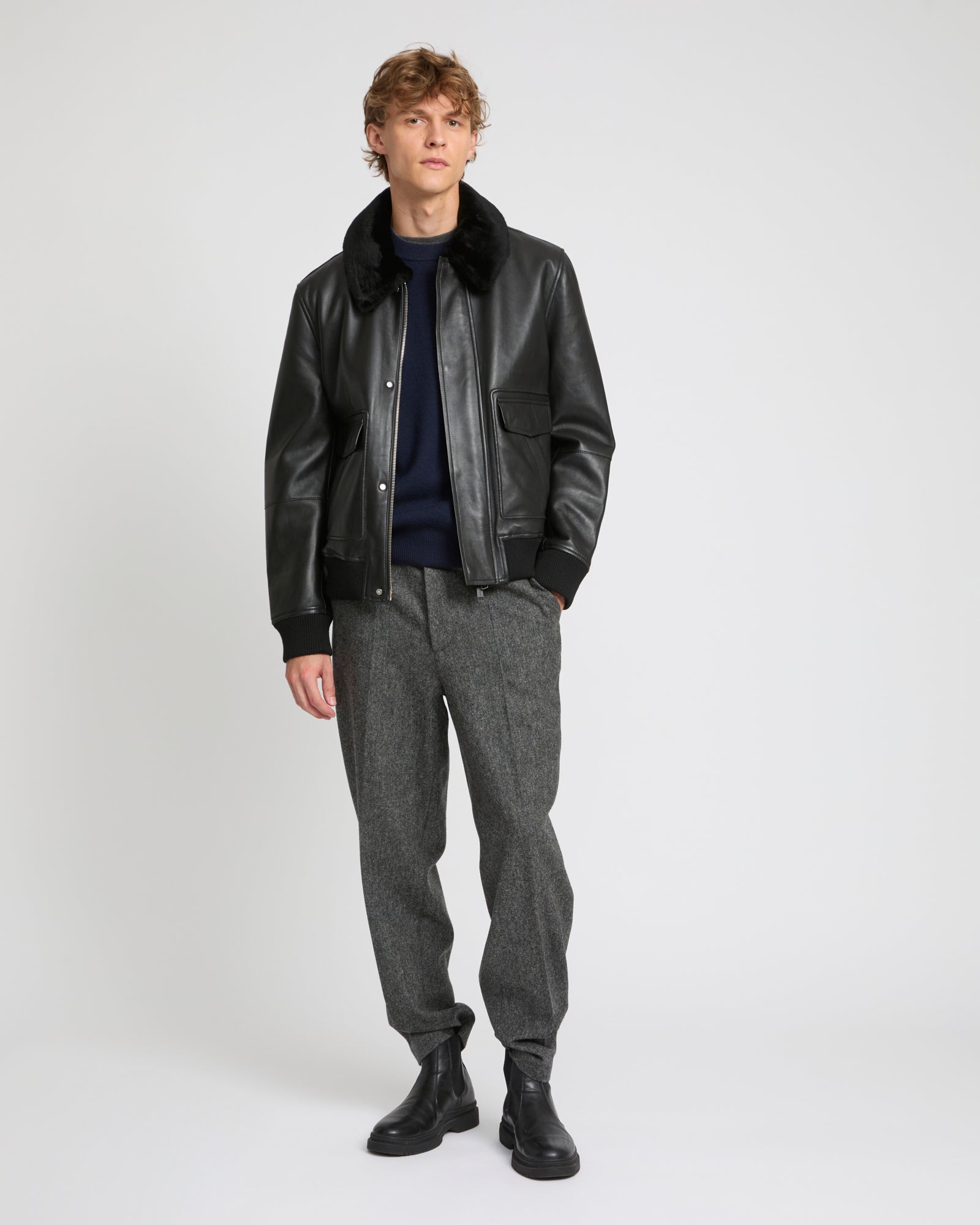 Leather aviator jacket with Merino lambskin shearling collar -Yves Salomon