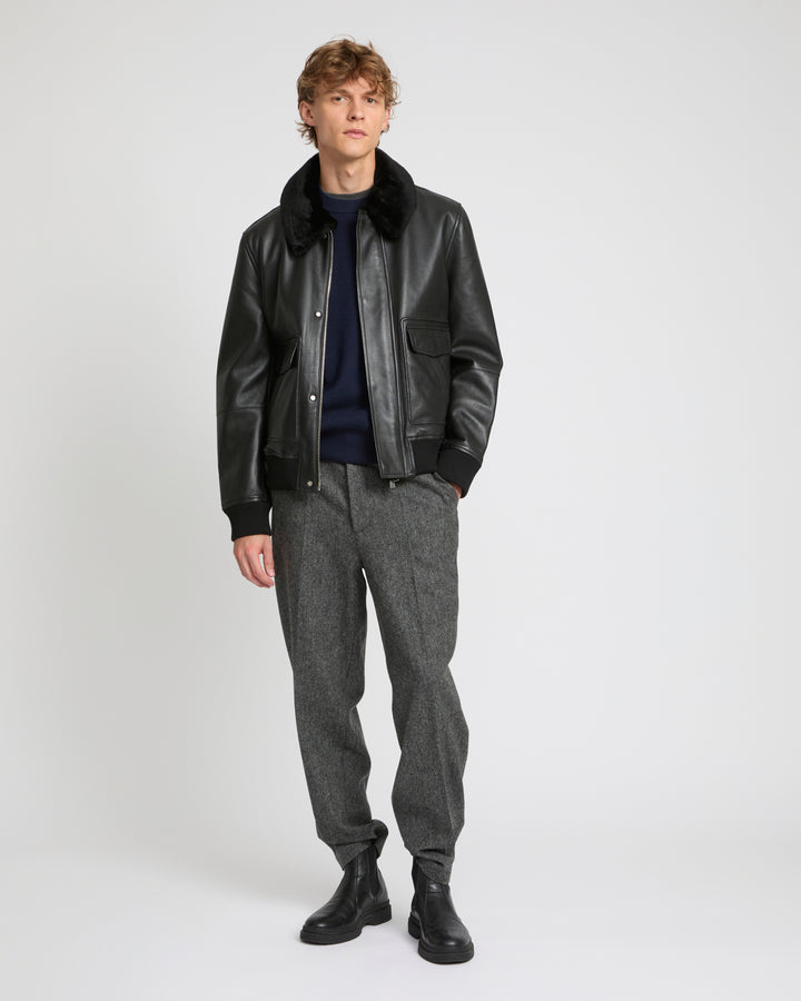 Leather aviator jacket with Merino lambskin shearling collar -Yves Salomon