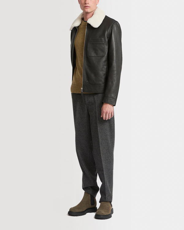 Leather jacket with shearling collar