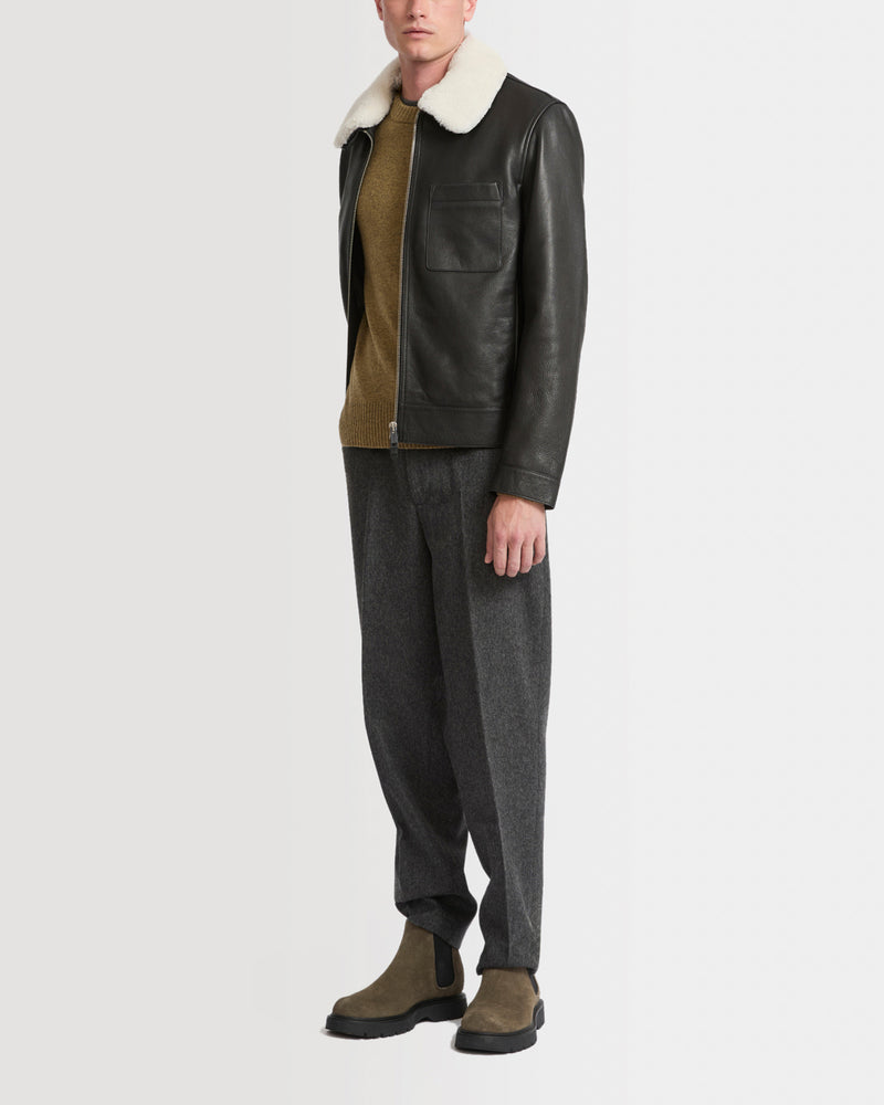 Leather jacket with shearling collar
