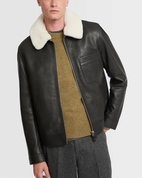 Leather jacket with shearling collar
