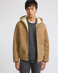 Suede shearling hoodie with curly wool